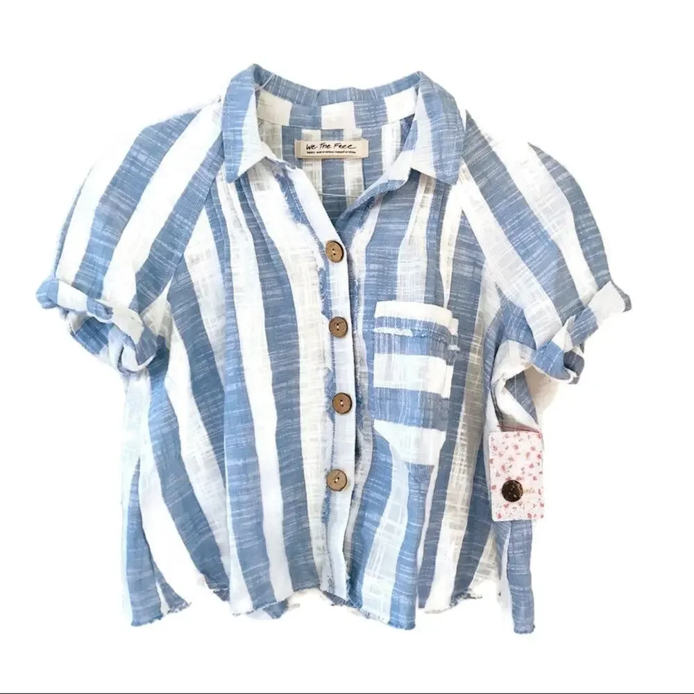 Free People Blue and White Striped Short-Sleeve Button Shirt - Picture 2 of 12